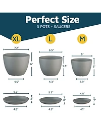 Lifemaster Gray Plant Pots 3-Pack with Drainage Holes & Saucers, Stackable Space-Saving Indoor & Outdoor Planters