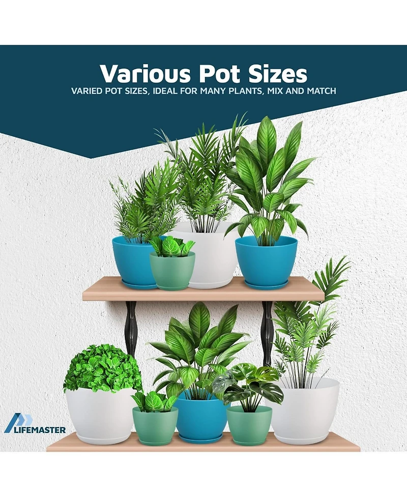 Lifemaster Multicolor Plant Pots Pack with Drainage Holes & Saucers