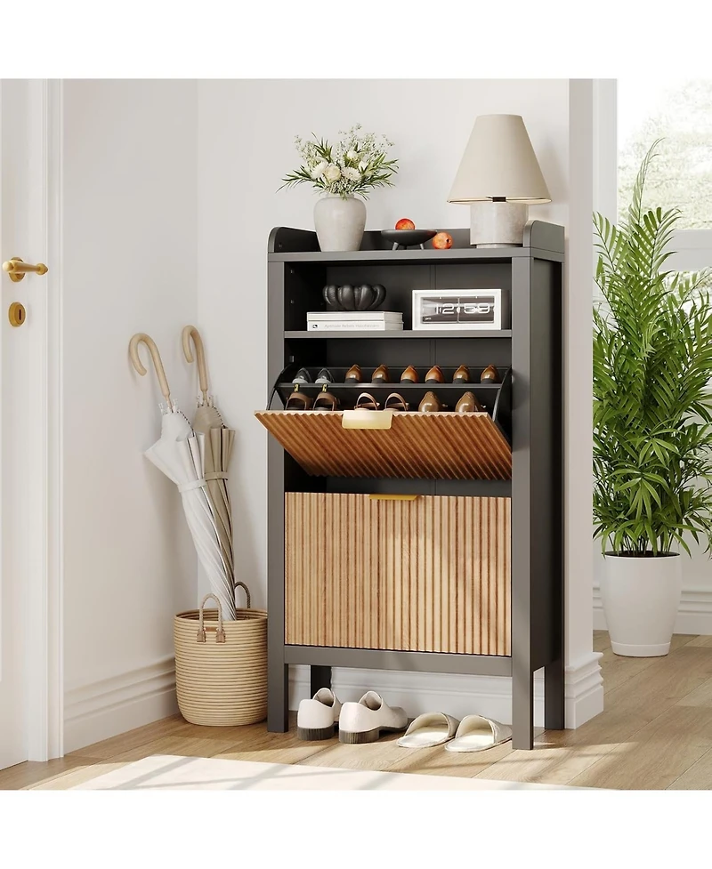 gaomon Narrow Fluted Shoe Storage Cabinet with 2 Flip Drawers and Legs
