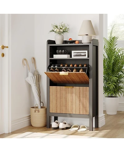 gaomon Narrow Fluted Shoe Storage Cabinet with 2 Flip Drawers and Legs