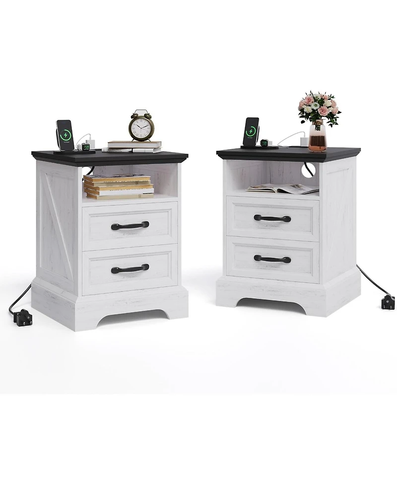 gaomon Farmhouse Nightstand with Charging Station Set of 2, Rustic Open Shelf, Usb