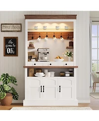 gaomon Coffee Bar Cabinet with Led Light, 72 in Tall Farmhouse Coffee Bar Hutch with Storage, Sideboard Buffet Cabinet with Microwave Stand
