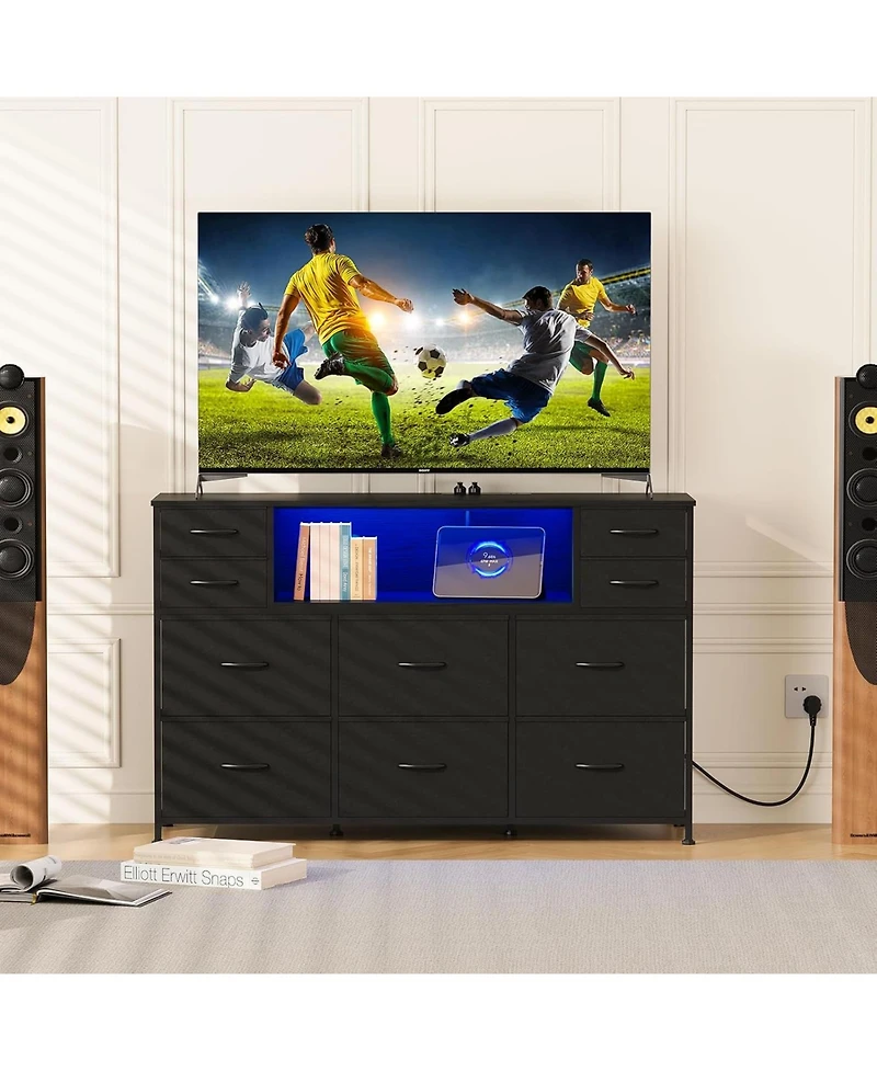 gaomon 10 Fabric Drawers Dresser, Entertainment Center Tv Stand with Power Outlet & Led Light for 45"-55" Tv, Chest of Wood