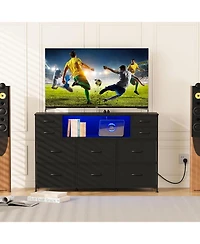 gaomon 10 Fabric Drawers Dresser, Entertainment Center Tv Stand with Power Outlet & Led Light for 45"-55" Tv, Chest of Wood