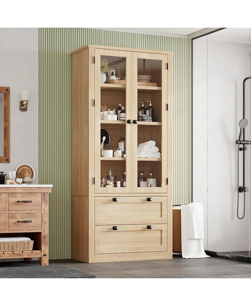 gaomon Tall Kitchen Pantry Cabinet - Modern Display Storage with 2 Large Drawers, Glass Doors, and Adjustable Shelves
