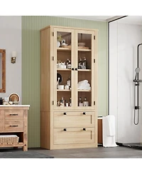 gaomon Tall Kitchen Pantry Cabinet - Modern Display Storage with 2 Large Drawers, Glass Doors, and Adjustable Shelves