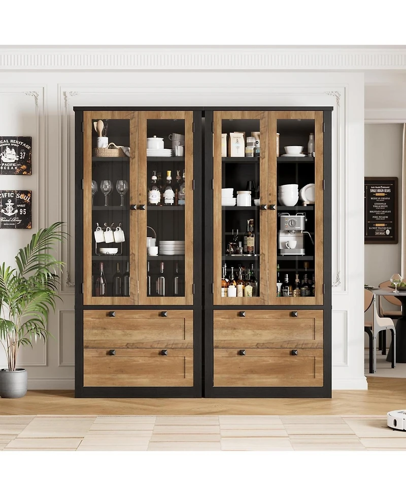 gaomon Tall Kitchen Pantry Cabinet - Modern Display Storage with 2 Large Drawers, Glass Doors, and Adjustable Shelves
