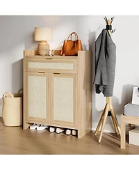 gaomon 32” boho rattan shoe cabinet with doors and drawer, adjustable shelf, and wood finish—ideal as a coffee bar or accent console.
