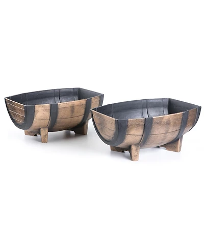Gardenised Rustic Wood- Look Plastic Half Barrel Flower Pot Garden Planter, Pack of 2