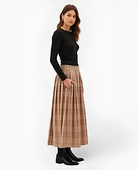 Modenaire Women's Plaid Pleated Maxi Skirt