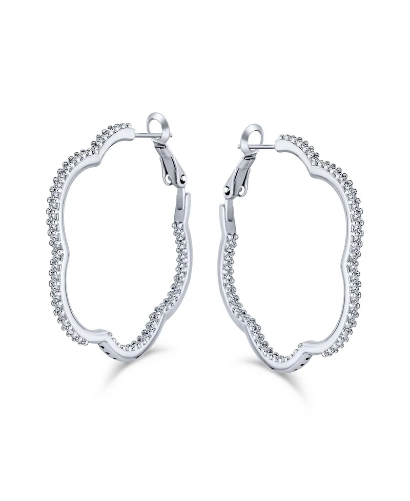 Bling Jewelry Flower Shaped Inside Out Pave Cz Clover Hoop Earrings Gold Silver Plated 1.5 Inch