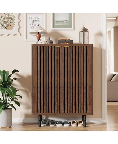 gaomon Narrow Freestanding 6-Tier Wooden Shoe Cabinet with Louvered Doors