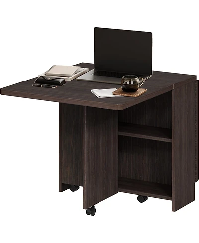 gaomon Folding Drop Leaf Dining Table with 6 Wheels & 2-Tier Storage Shelf, Space-Saving Table for Small Spaces