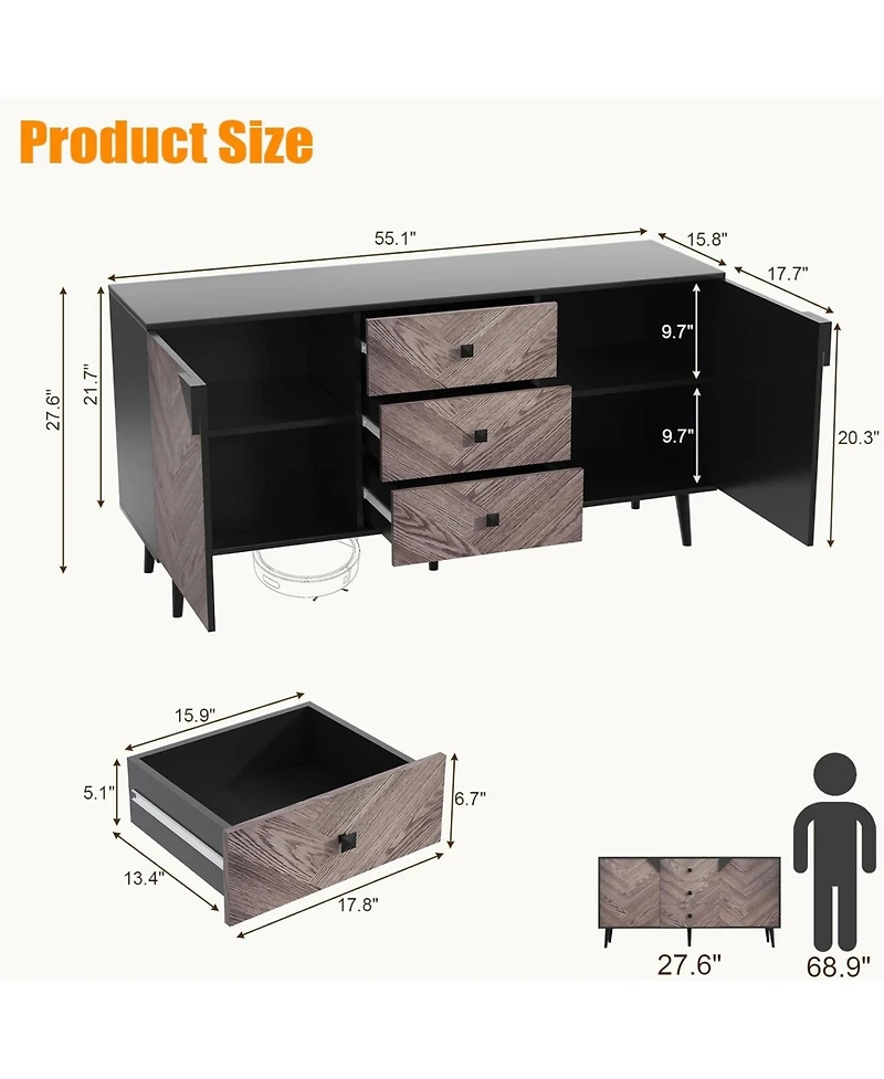 gaomon 55 Point 1 Inch 3 Drawer Storage Cabinet with Adjustable Shelf and Doors Modern Sideboard Buffet Cabinet for Dining Room