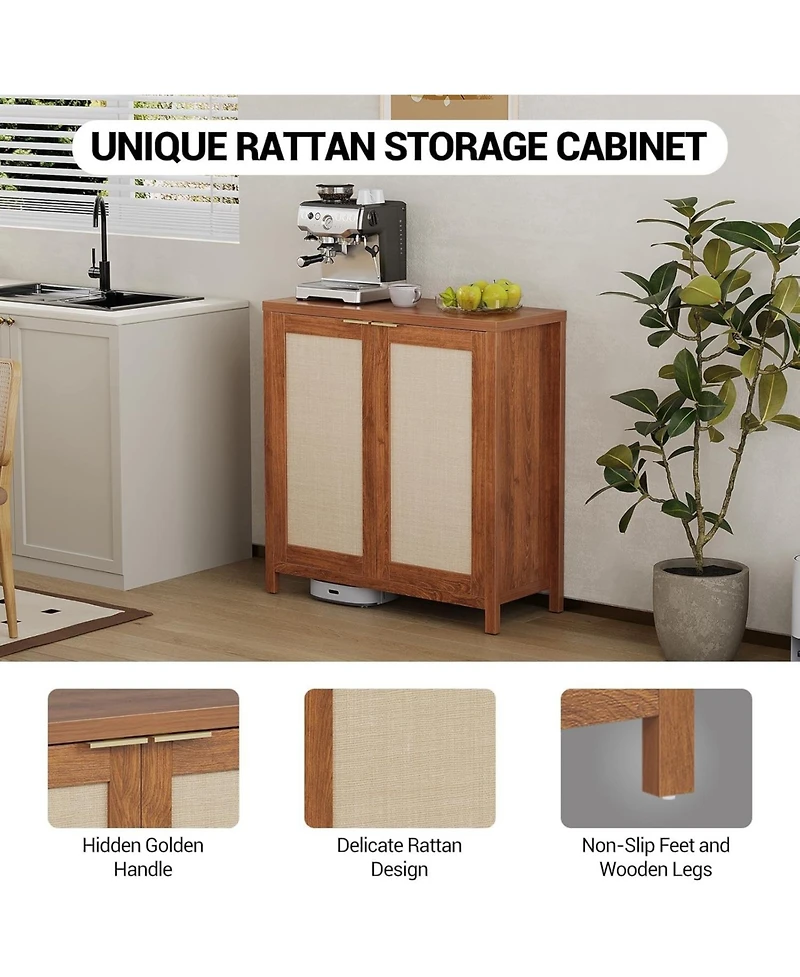 gaomon Rattan Storage Cabinet with Doors Adjustable Shelves and Portable Design Mid Century