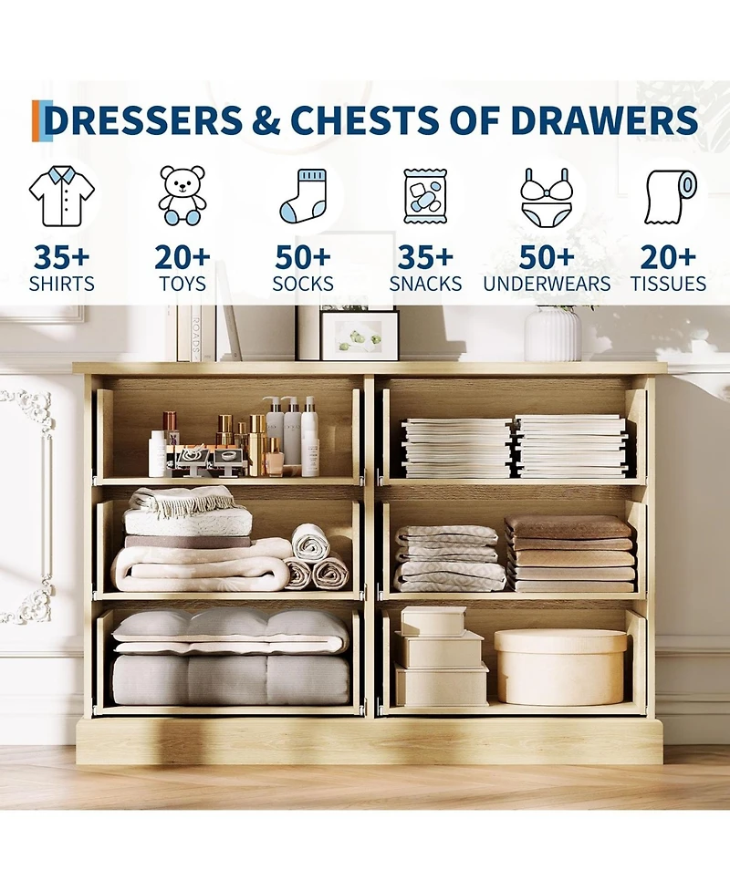 gaomon 6 Drawer Dresser for Bedroom, Horizontal Chest of Drawers, Fluted Panel Wood Dresser, Small Space Bedroom Clothing