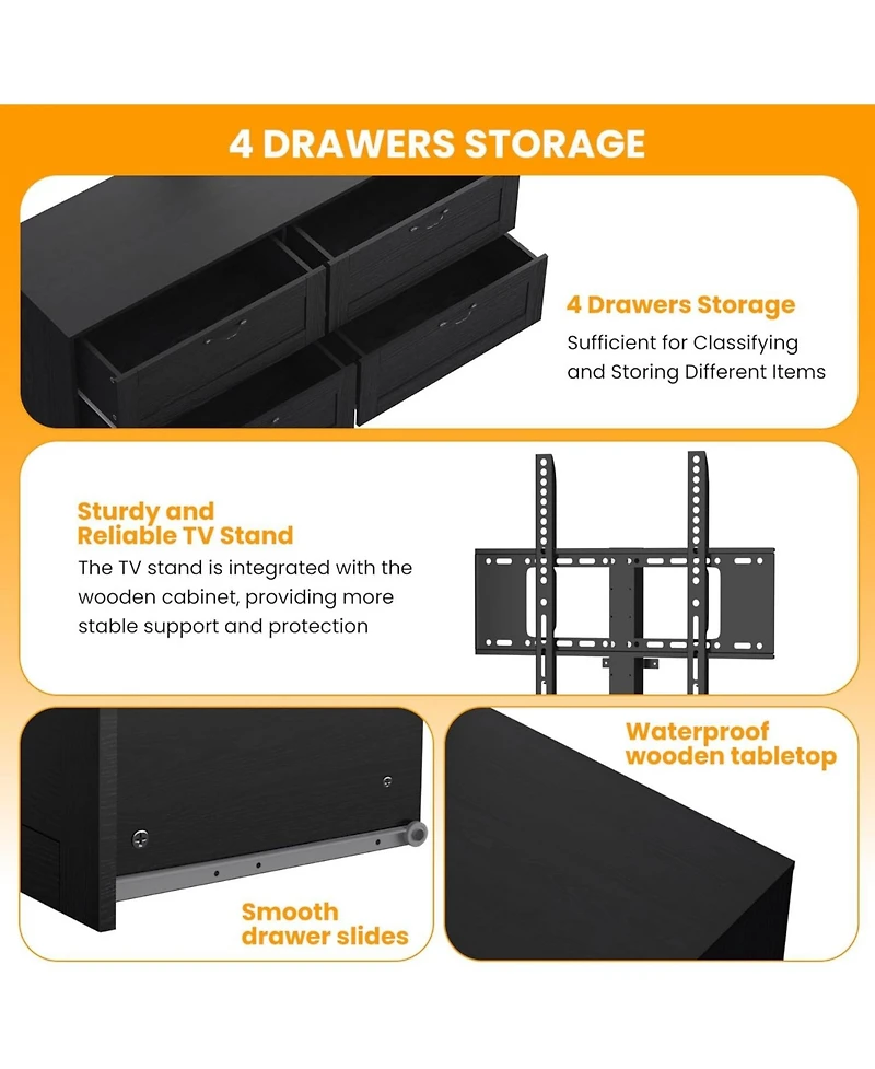 gaomon Tv Stand, Mount for 32/45/55/65/75/80 inch TVs, Entertainment Center w/ 4 Drawers Storage, Wood Media Console Tables Bed,Living Room