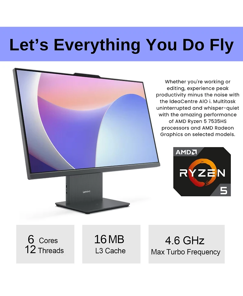 Lenovo IdeaCentre All-in-One Amd Ryzen 5 32GB Ram Amd Radeon Graphics 1TB Ssd Storage Windows 11 Pro 100Hzm