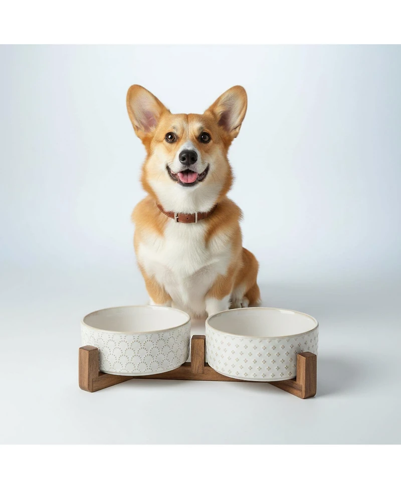 Aronkl Ceramic Dog Bowl Set with Wood Stand Dual Food Water Weighted Non-Slip Base