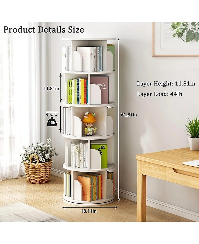 Rainsken 5 Tier Wooden Rotating Round Spinning Bookshelf Tower Storage Organizer