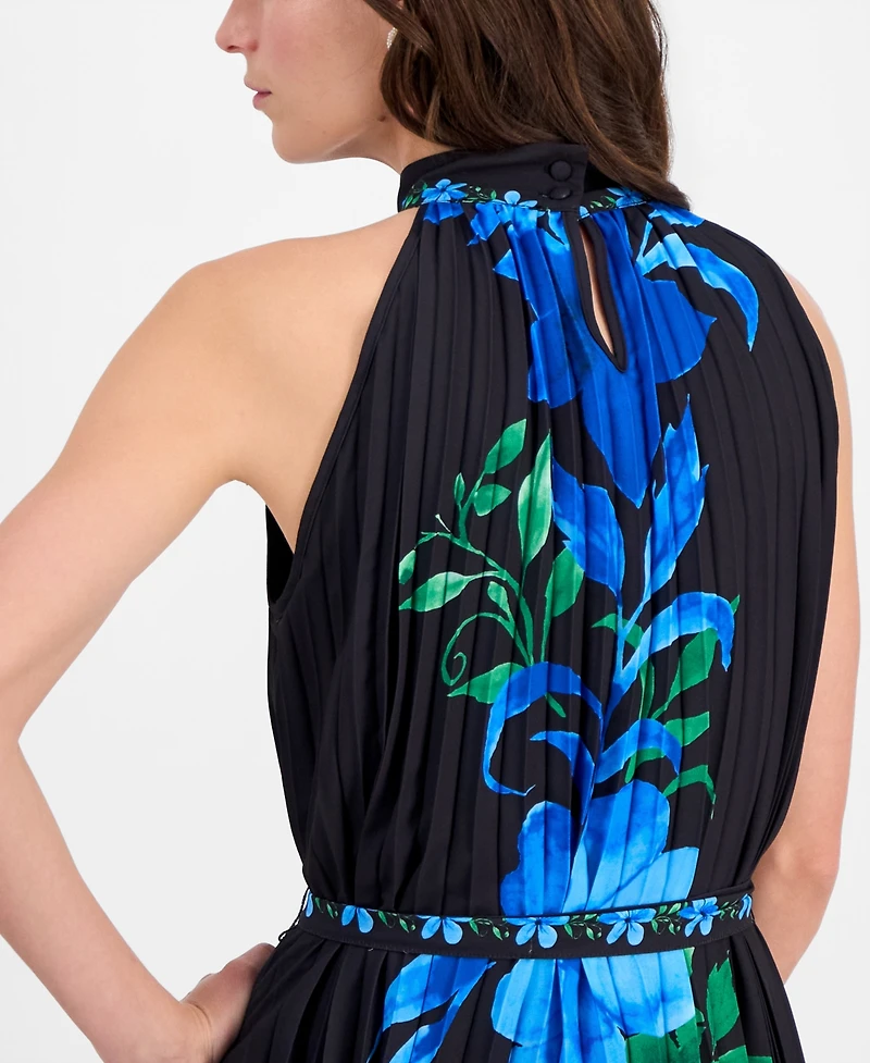 T Tahari Women's Printed High-Neck Pleated Maxi Dress