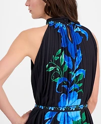 T Tahari Women's Printed High-Neck Pleated Maxi Dress