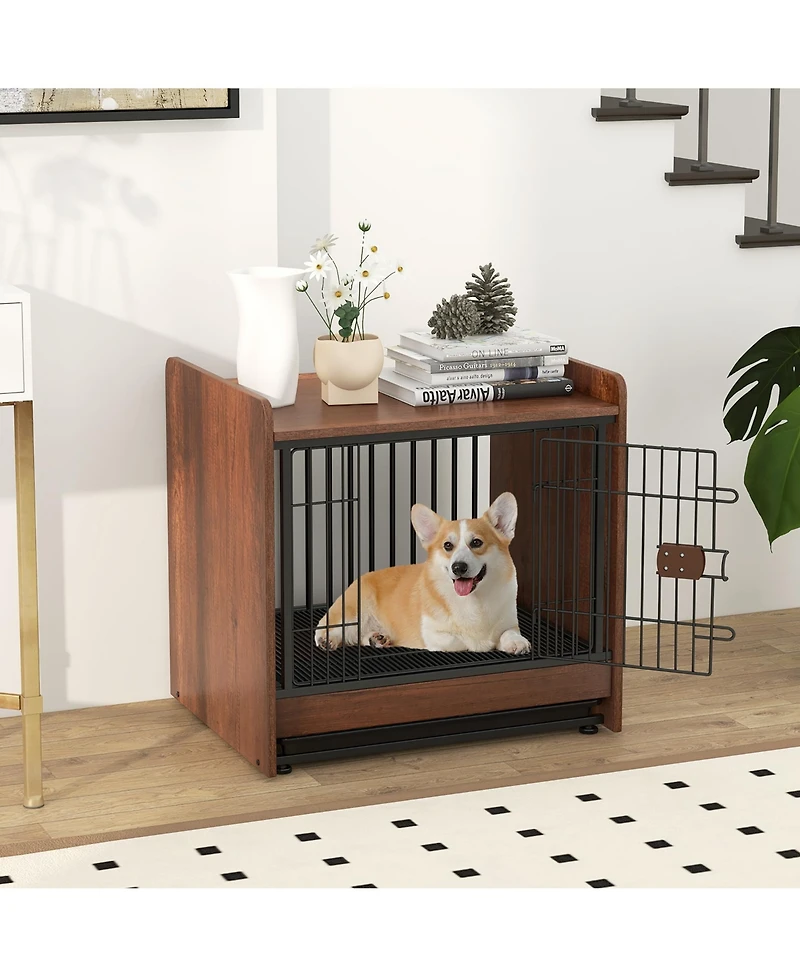 Gymax Dog Cage Furniture w/Removable Tray and Lockable Door Adjustable Foot Pads