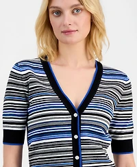 T Tahari Women's Elbow-Sleeve V-Neck Striped Cardigan Sweater