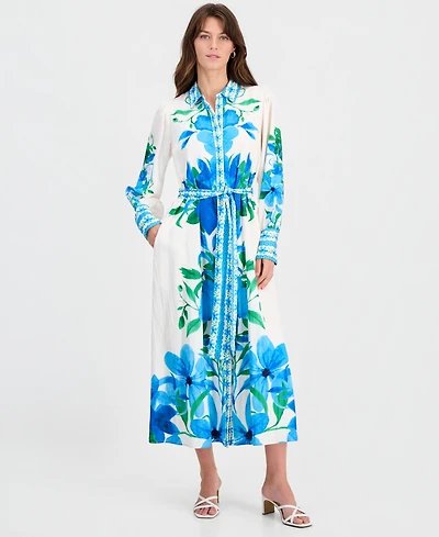 T Tahari Women's Printed Tie-Waist Button-Down Maxi Dress