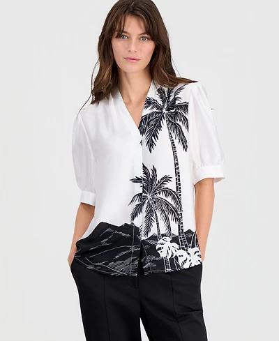 T Tahari Women's Short-Sleeve Split-Neck Blouse