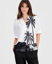 T Tahari Women's Short-Sleeve Split-Neck Blouse