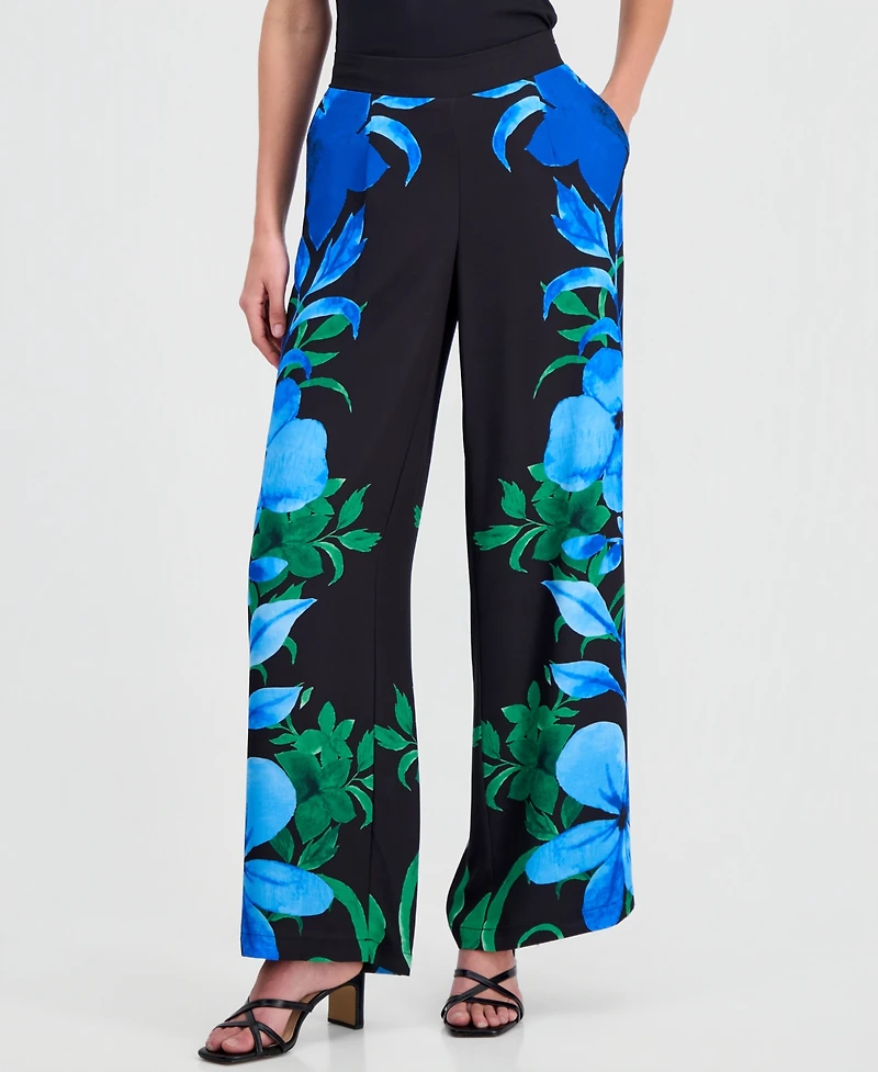 T Tahari Women's Floral-Print Pull-On Straight Pants