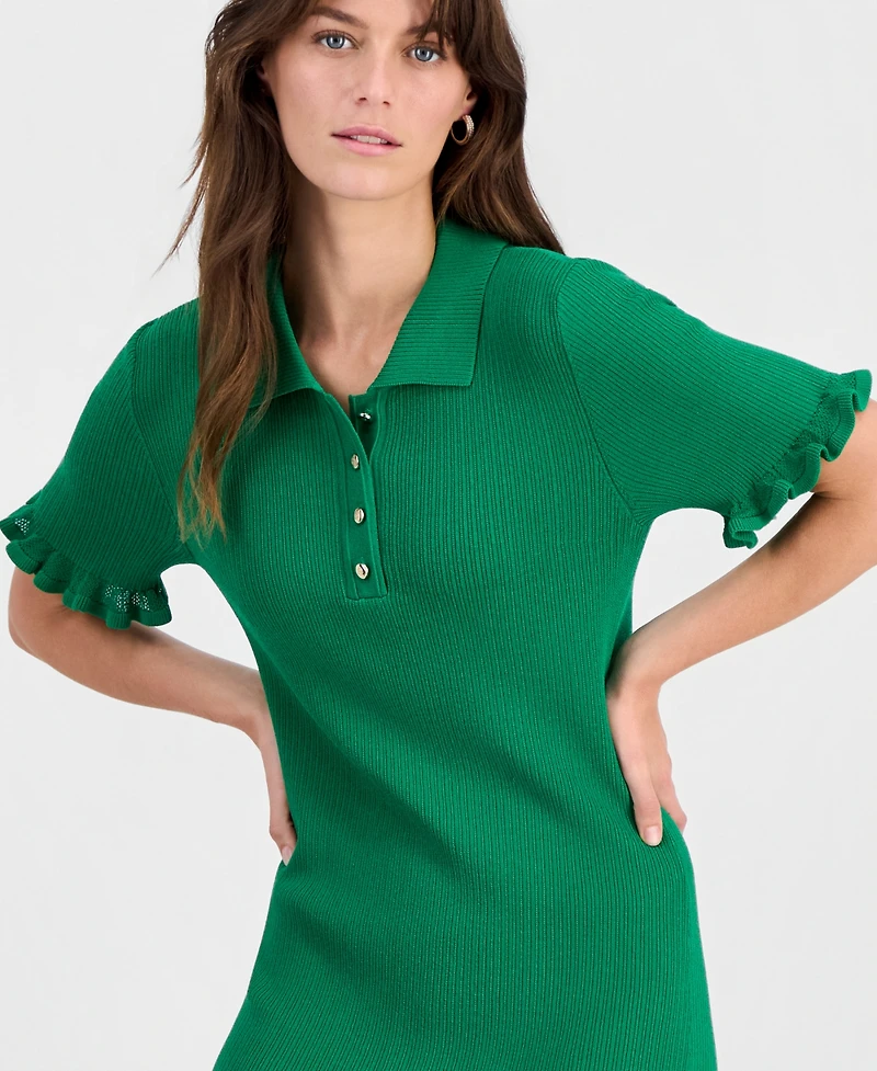 T Tahari Women's Ribbed Ruffle-Trim Dress