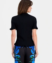 T Tahari Women's Half-Placket Ribbed Ruffle-Trim Top
