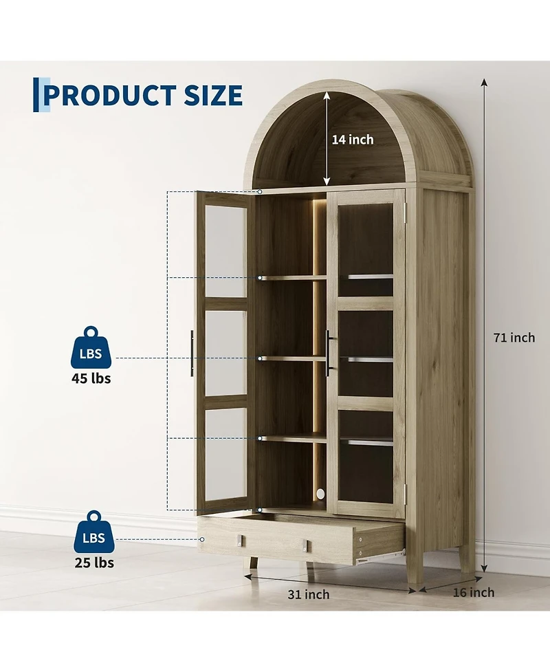 gaomon Tall Arched Kitchen Pantry Cabinet, Modern Farmhouse Kitchen Storage Cabinets with Led Lights, Arched Cabinet with Open & Adjustable Shelves