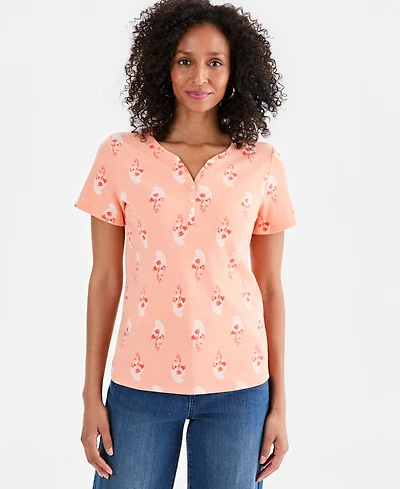 Style & Co Women's Printed Short-Sleeve Henley Top, Macy's Exclusive