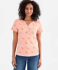 Style & Co Women's Printed Short-Sleeve Henley Top, Macy's Exclusive