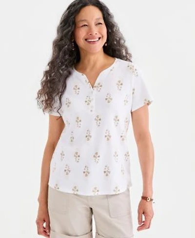 Style Co Womens Printed Short Sleeve Henley Top Macys Exclusive