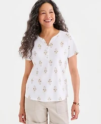Style Co Womens Printed Short Sleeve Henley Top Macys Exclusive