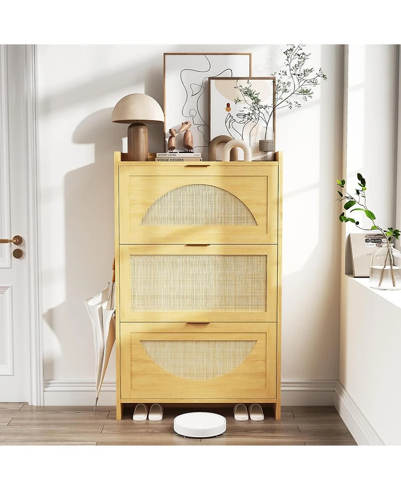 gaomon Rattan Shoe Storage Cabinet Flip Drawers, Free Standing Narrow Shoe Organizer Cabinet with Rattan Doors, Wooden Shoe Rackf