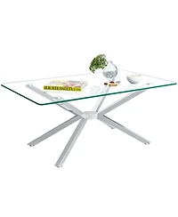 Rainsken Rectangular Clear Tempered Glass Coffee Table with Adjustable Feet and Metal Legs for Living Room (Silver + Clear Glass)