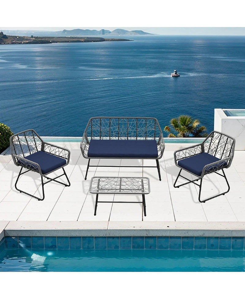 Mondawe Wicker Patio Set with Cushions and Glass Table