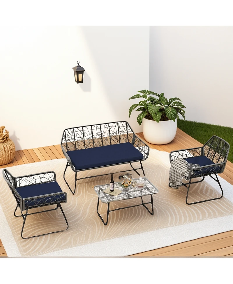 Mondawe Wicker Patio Set with Cushions and Glass Table