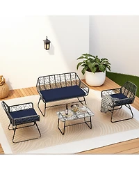 Mondawe Wicker Patio Set with Cushions and Glass Table