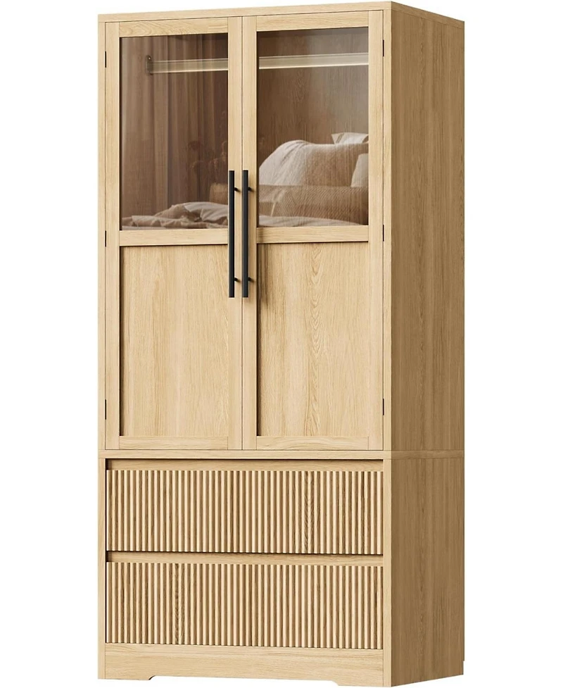 gaomon Armoire Wardrobe Closet with 2 Glass Doors and 2 Fluted Drawers, Wooden Wardrobe Storage Cabinet Closet with Hanging Rod and Shelves