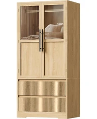 gaomon Armoire Wardrobe Closet with 2 Glass Doors and 2 Fluted Drawers, Wooden Wardrobe Storage Cabinet Closet with Hanging Rod and Shelves