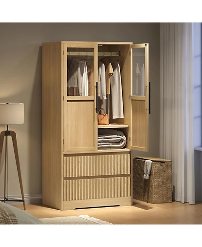 gaomon Armoire Wardrobe Closet with 2 Glass Doors and 2 Fluted Drawers, Wooden Wardrobe Storage Cabinet Closet with Hanging Rod and Shelves