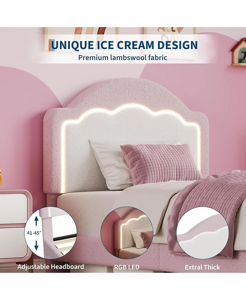 gaomon Twin Kids Upholstered Bed with Led Headboard, Plush Sherpa Fabric, Wooden Slats Support