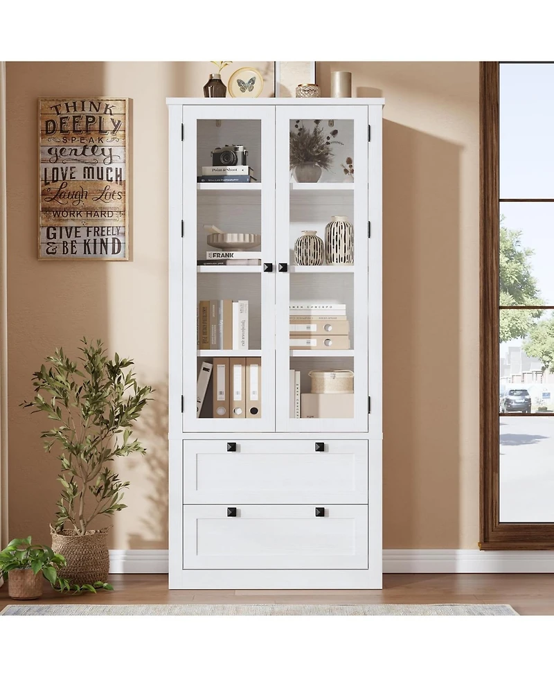 gaomon Tall Kitchen Pantry Cabinet - Modern Display Storage with 2 Large Drawers, Glass Doors, and Adjustable Shelves