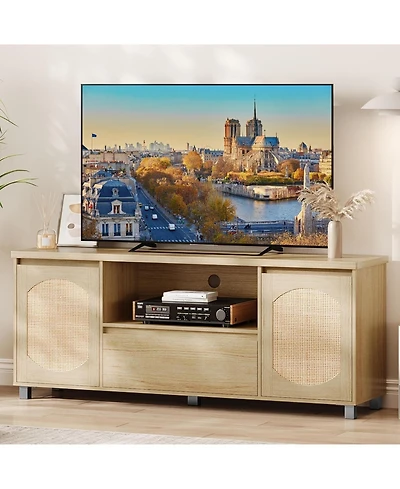 gaomon Rattan Tv Stand, Entertainment Center with Storage Drawer and Open Shelf, Boho Tv Media Console Cabinet Furniture for Living Room